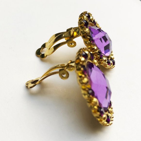 Purple rhinestone clip on earrings, statement crystal bridemaids earrings - Picture 4 of 11